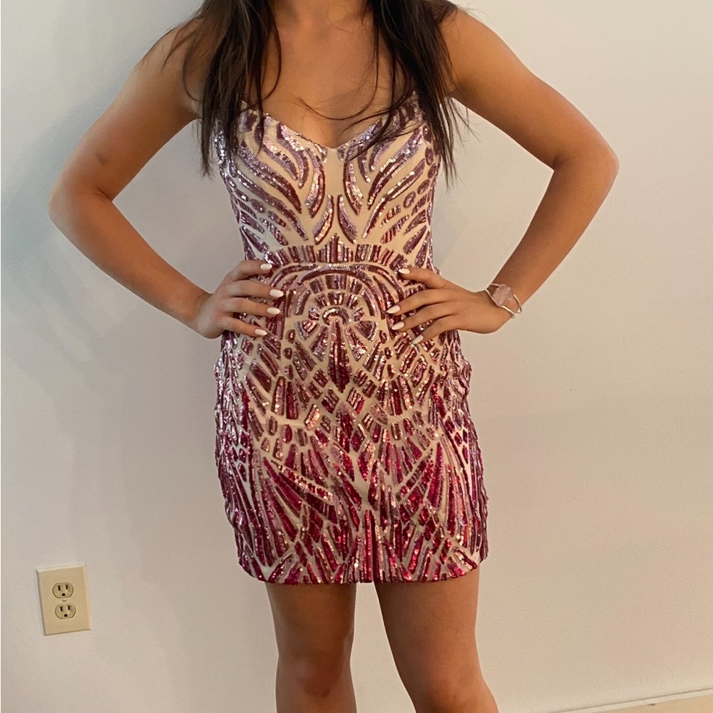 Jovani style #07783 ombré sequined lace up dress